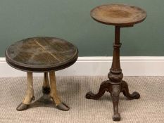 OCCASIONAL TABLES (2) - one circular topped vintage oak with hoof supports, 43cms H, 51cms diameter,