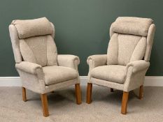 A PAIR OF GOOD MODERN EASY CHAIRS - light wood and upholstered