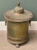 VICTORIAN BRASS LOG/COAL BUCKET - on three paw feet and lion ring handles, 65cme H, 45cms diameter