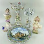 ASSORTED CONTINENTAL CERAMICS, including Dresden figural comport (damaged), Dresden figural five