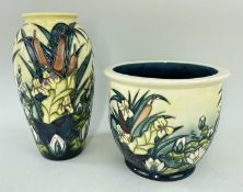 MOORCROFT 'WATERLILLY & BULLRUSH' PATTERN POTTERY, comprising shouldered vase, 25cms high, and a