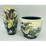 MOORCROFT 'WATERLILLY & BULLRUSH' PATTERN POTTERY, comprising shouldered vase, 25cms high, and a