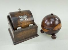 TURNED SPHERICAL WOOD STRING BOX & STAINED OAK CIGARETTE DISPENSER (2)