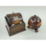 TURNED SPHERICAL WOOD STRING BOX & STAINED OAK CIGARETTE DISPENSER (2)