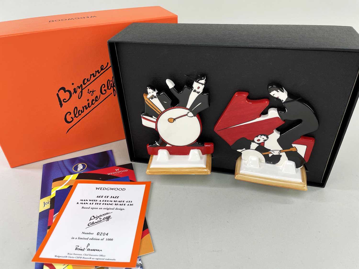 PAIR WEDGWOOD CLARICE CLIFF 'AGE OF JAZZ' MUSICIANS, limited edtion (204/1000) Man with a Drum,