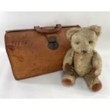 VINTAGE TEDDY BEAR with winder together with Gladstone type bag (2) Provenance: private collection