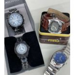 FOUR FASHION WRISTWATCHES, including Fossil gents watch on militar style leather strap, Breil ladies
