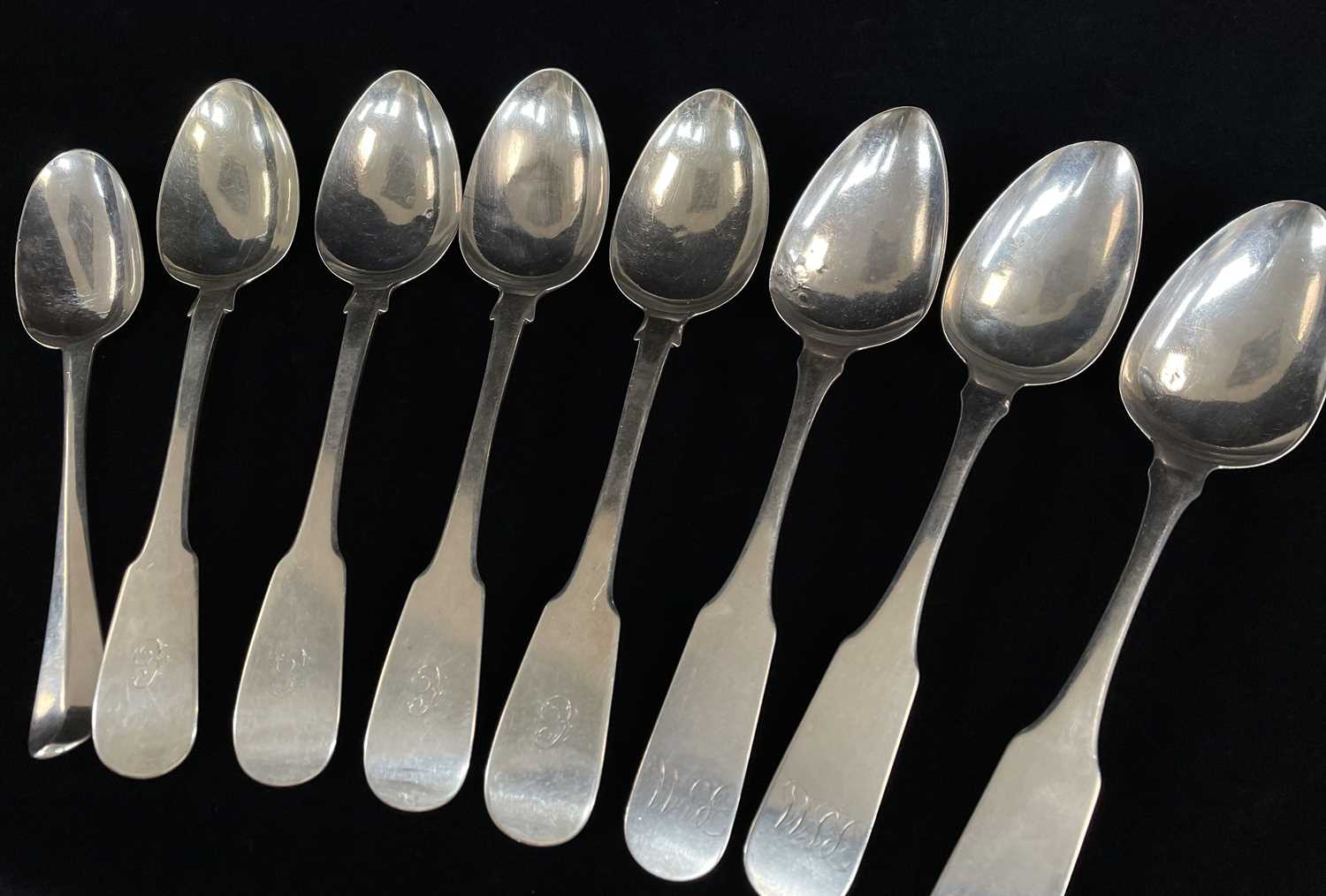 SILVER SERVING SPOONS comprising set of four 19th century silver serving spoons, Newcastle, maker'