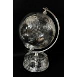 LARGE WATERFORD CUT GLASS TERRESTRIAL GLOBE ON STAND, with chrome metal fittings, 48.5cms high, with