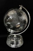 LARGE WATERFORD CUT GLASS TERRESTRIAL GLOBE ON STAND, with chrome metal fittings, 48.5cms high, with