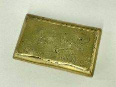 VICTORIAN BRASS TOBACCO BOX, hinged lid engraved with a swimming duck and date 1857, reversed with a