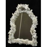 DRESDEN PORCELAIN MIRROR, moulded in the white with figures, birds and flowers, blue crossed