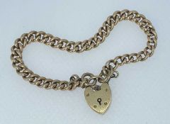 9CT GOLD CURB LINK BRACELET, heart shaped padlock, 17.1gms, in David Evans & Sons of Cardigan square