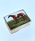 MODERN ENAMELLED SILVER SNUFF BOX, top decorated with a portrait of a racehorse, 0.85ozt