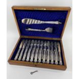 EDWARD VII SILVER & EPNS CASED FISH SET, having silver handles and engraved EPNS blades, set of 12