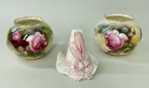 THREE ITEMS ROYAL WORCESTER PORCELAIN, comprising pair 'G161' shape globular rose painted vases, 6.