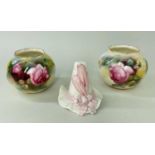 THREE ITEMS ROYAL WORCESTER PORCELAIN, comprising pair 'G161' shape globular rose painted vases, 6.