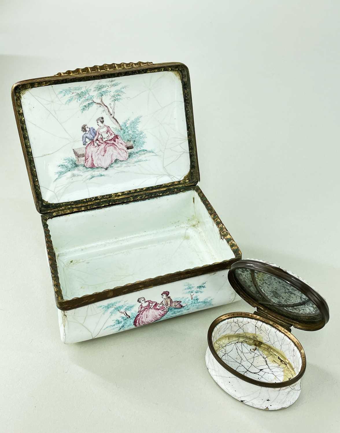 TWO 18th CENTURY ENAMEL BOXES, comprising South Staffordshire rectangular snuff box, painted with - Image 2 of 2
