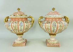 PAIR RUDOLSTADT PORCELAIN URNS & COVERS, classical form with gilt scrolled handles, floral enamel,