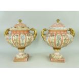 PAIR RUDOLSTADT PORCELAIN URNS & COVERS, classical form with gilt scrolled handles, floral enamel,