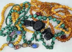 VARIOUS BEADS including butterscotch amber, malachite, amber-coloured beads, jet type bracelet ETC