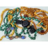 VARIOUS BEADS including butterscotch amber, malachite, amber-coloured beads, jet type bracelet ETC