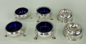 THREE PAIRS SILVER SALTS, comprising pair George III cauldron salts with shell and hoof feet and