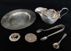 ASSORTED SILVER ITEMS comprising small circular silver engraved tray / dish, silver crimp edge cream