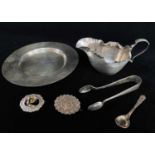 ASSORTED SILVER ITEMS comprising small circular silver engraved tray / dish, silver crimp edge cream