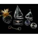 ASSORTED SWAROVSKI, including pineapple with gilt leaves 10cm h, Racing Yacht 11cm h, Sailing