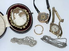 TWO 9CT GOLD LADIES WRISTWATCHES, silver chain and another similar white metal chain, cut 9ct gold