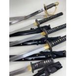 ASSORTED MODERN JAPANESE & EUROPEAN SOUVENIR SWORDS, including a daisho in gilt-decorated roiro-nuri