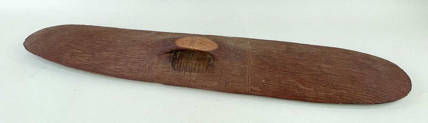 WESTERN AUSTRALIA ABORIGINE SHIELD, front, back and handle all incised with narrow grooves in - Image 2 of 2