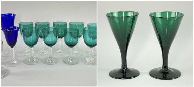 ASSORTED COLOURED & CLEAR STEMWARE, including ten various green glass wines, two blue glass wines,