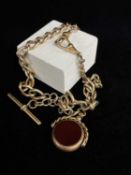 9CT GOLD ALBERT CHAIN (MARRIAGE), having T-bar, bloodstone and carnelian revolving fob, 55.1gms