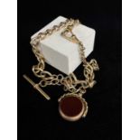 9CT GOLD ALBERT CHAIN (MARRIAGE), having T-bar, bloodstone and carnelian revolving fob, 55.1gms