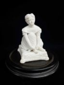 VICTORIAN MINTON BISQUE FIGURE, of a girl lacing her shoe, under watch dome, figure 8.5cm h