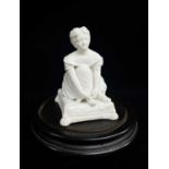 VICTORIAN MINTON BISQUE FIGURE, of a girl lacing her shoe, under watch dome, figure 8.5cm h