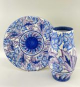 CROWN DUCAL CHARLOTTE RHEAD 'BLUE PEONY' PATTERN BALUSTER VASE & CHARGER, printed mark with