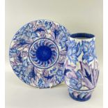 CROWN DUCAL CHARLOTTE RHEAD 'BLUE PEONY' PATTERN BALUSTER VASE & CHARGER, printed mark with