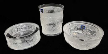 THREE CRISTAL DE SEVRES GLASS ORNAMENTS, clear and frosted, comprising 55085 coupelle Derby beaker