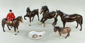 FIVE BESWICK ANIMALS, including huntsman on bay hunter, a shire horse, donkey, two others, and a