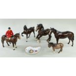 FIVE BESWICK ANIMALS, including huntsman on bay hunter, a shire horse, donkey, two others, and a