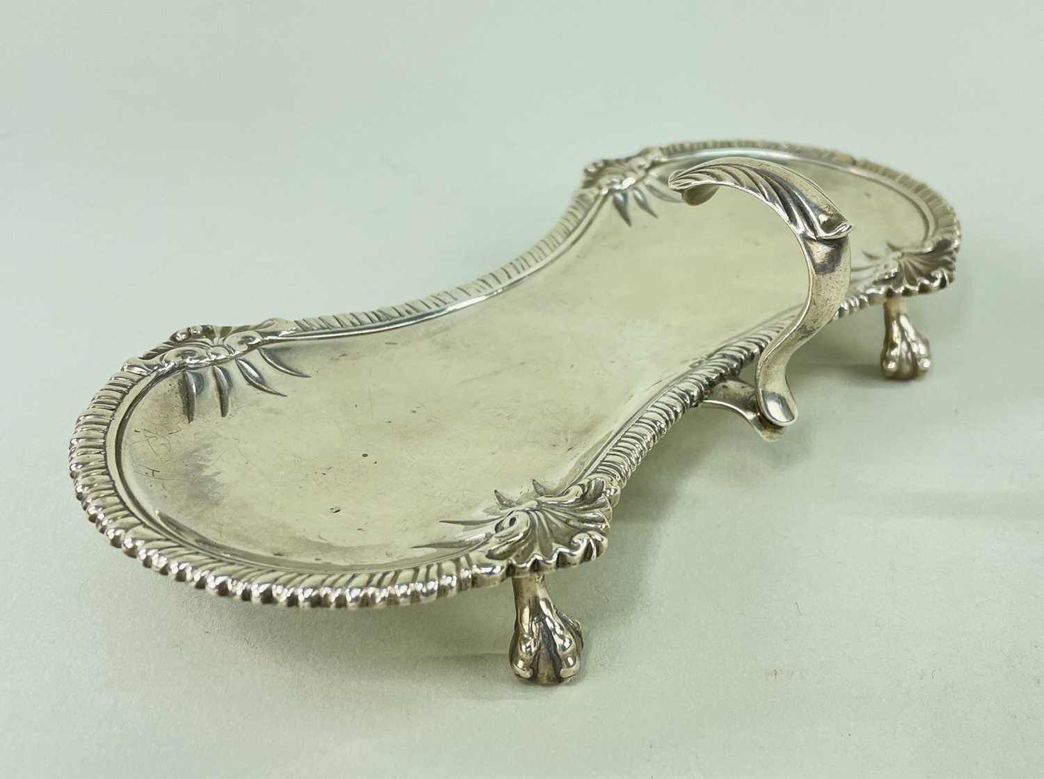 GEORGE III SILVER CANDLE SNUFFER TRAY, London 1770, waisted form with scrolled over handle, - Image 4 of 5