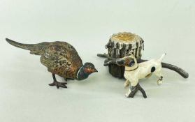 TWO COLD PAINTED BRONZE FIGURES, of a cock pheasant, 19.5cm w, and a Jack Russell terrier beside
