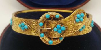 VICTORIAN YELLOW GOLD TURQUOISE BANGLE, overall engraved in the form of a belt buckle, 21.6gms, in