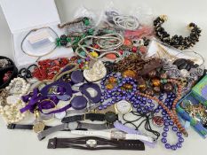 ASSORTED COSTUME JEWELLERY & FASHION WATCHES including rings, beaded necklaces ETC.