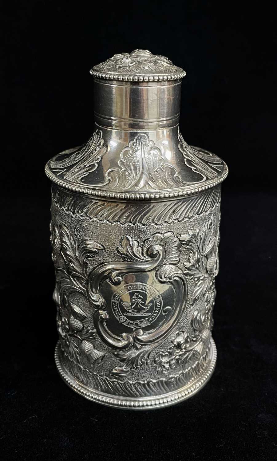 GEORGE III SILVER TEA CADDY, Hester Bateman, London 1781, later decorated with embossed national