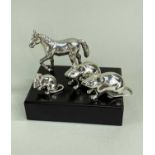 MODERN SILVER MINIATURE ANIMALS, including three mice, on wood plinth, and a pony, all marked 925,