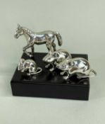 MODERN SILVER MINIATURE ANIMALS, including three mice, on wood plinth, and a pony, all marked 925,